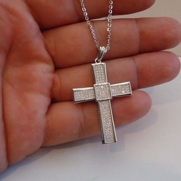 925 STERLING SILVER MICRO PAVE CROSS NECKLACE PENDANT W/ 2 CT LAB DIAMONDS - Picture 1 of 8
